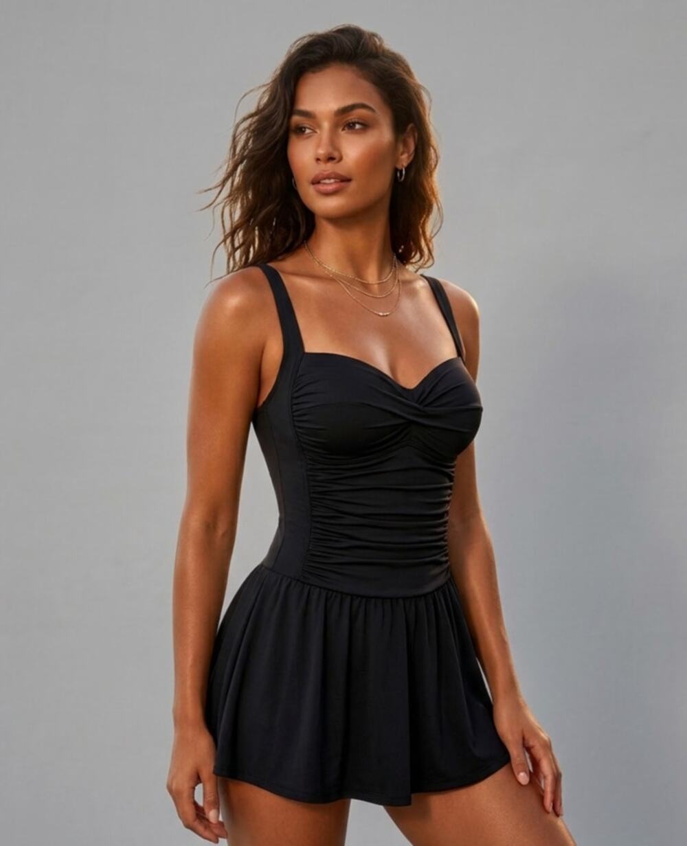 La Blanca One-Piece Swimdress Women's 10 Black Ruched Top Padded Skirted Bottom